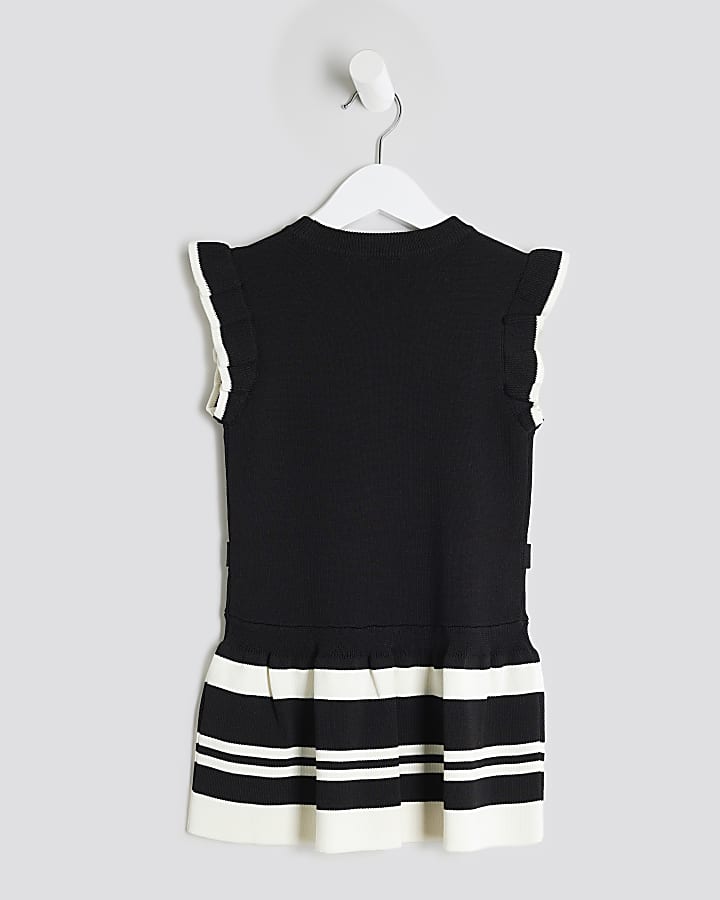 Mini Girls Black Belted Ruffle Hem Dress