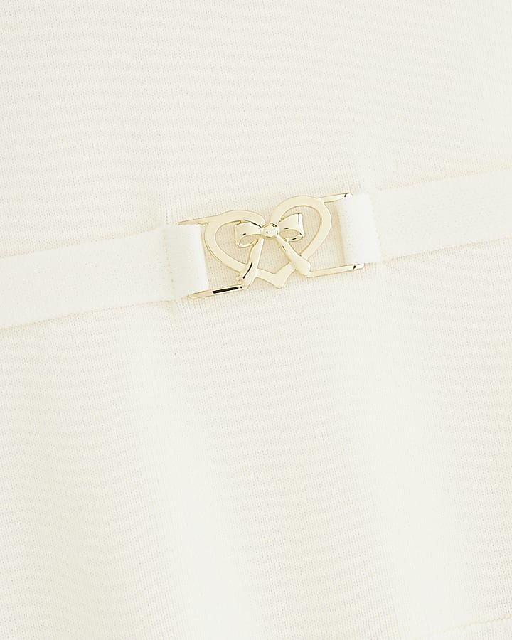 Girls Cream Belted Flared Hem Dress