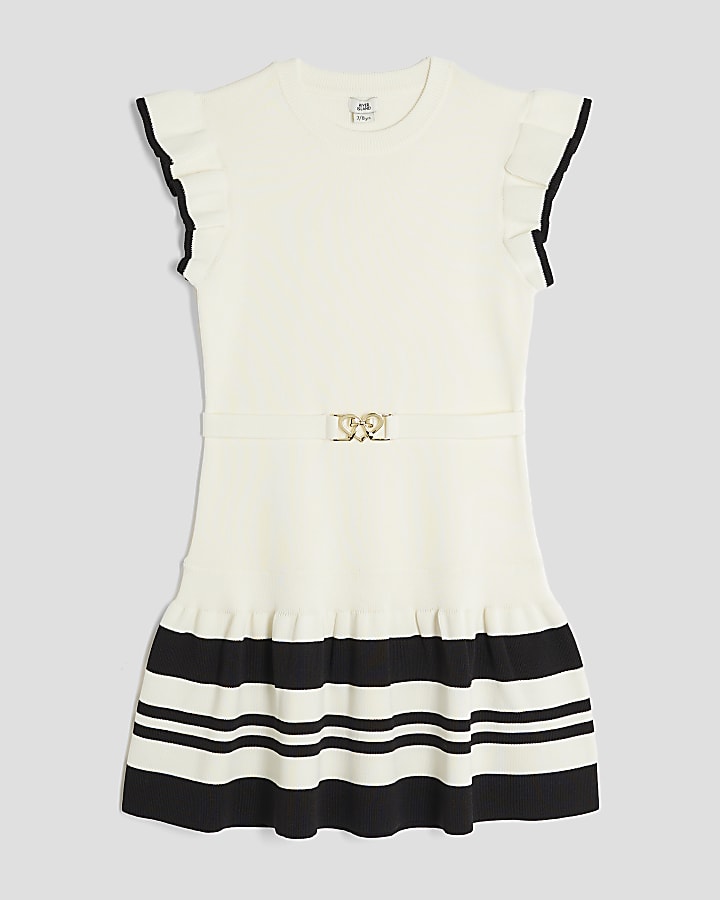 Girls Cream Belted Flared Hem Dress