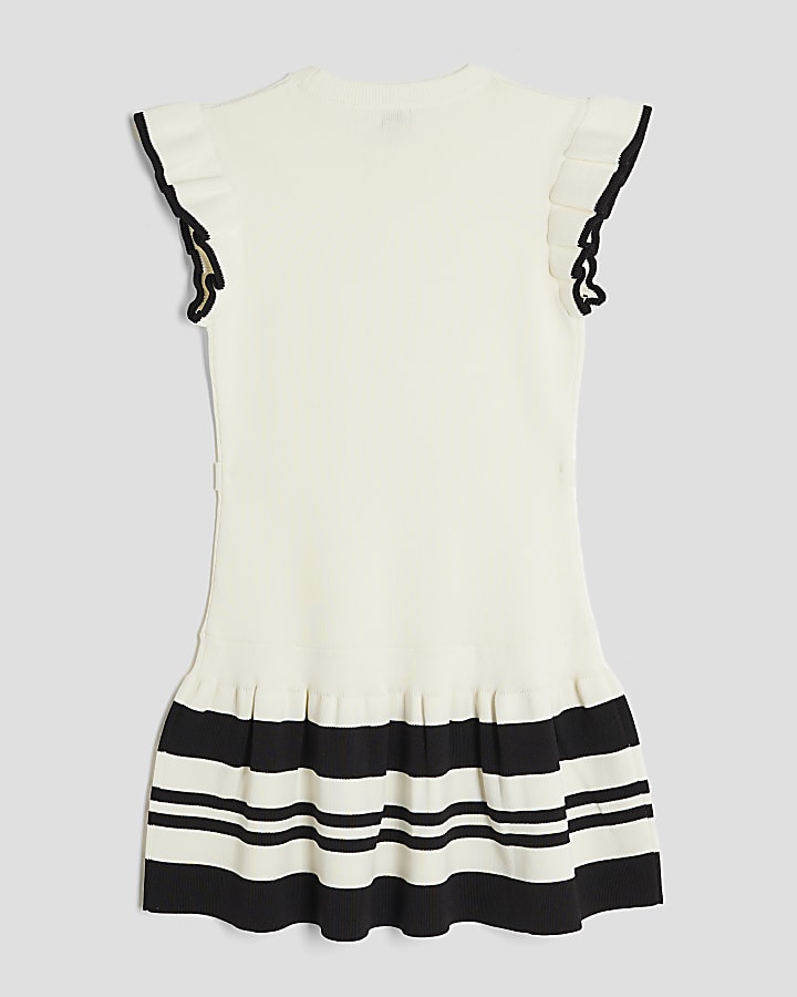 Girls Cream Belted Flared Hem Dress