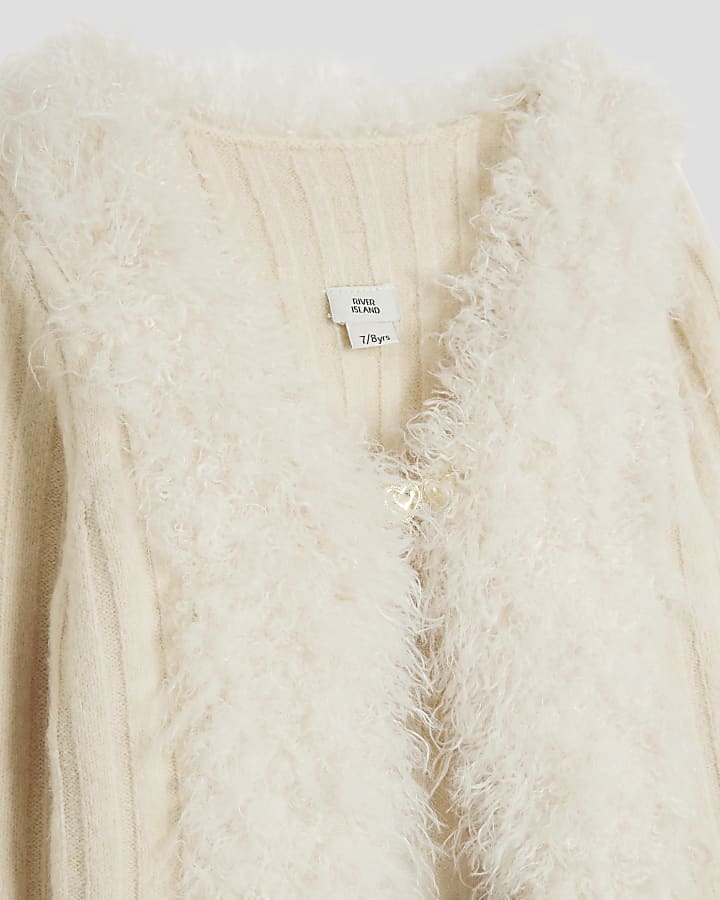 Girls Cream Faux Feather Cardigan & Skirt Set