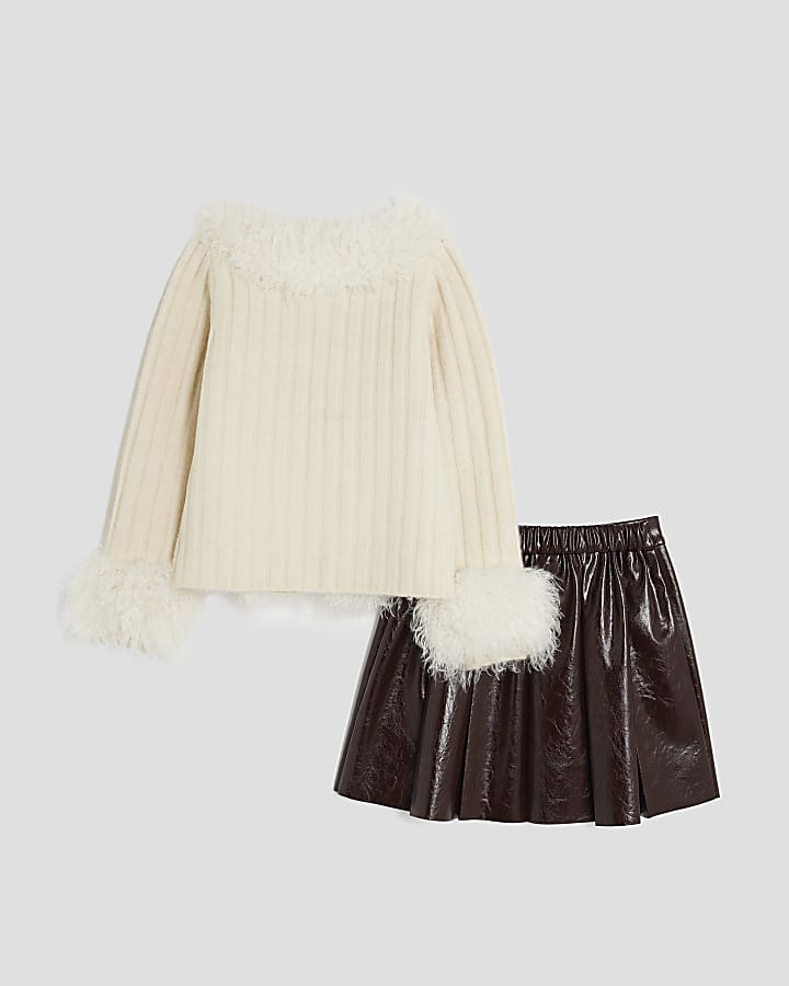 Girls Cream Faux Feather Cardigan & Skirt Set