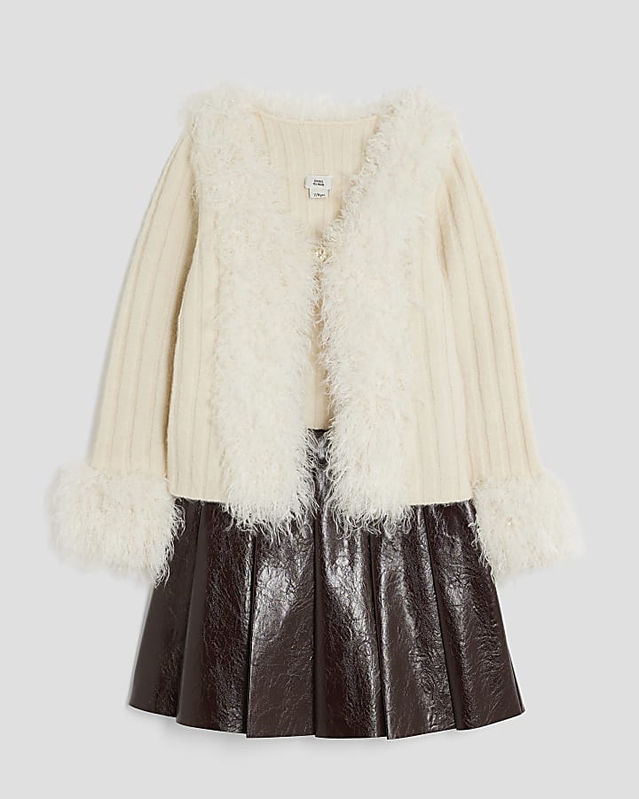 Girls Cream Faux Feather Cardigan & Skirt Set