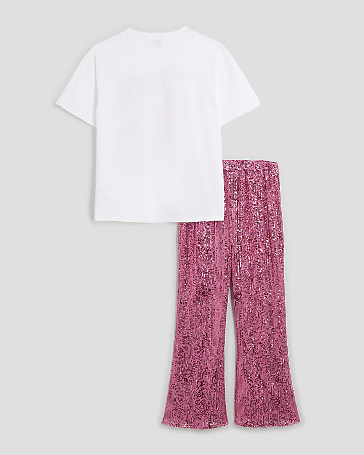 Girls Pink Sequin Flared Trousers Set