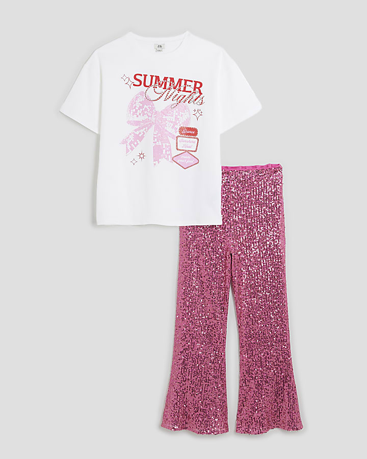 Girls Pink Sequin Flared Trousers Set
