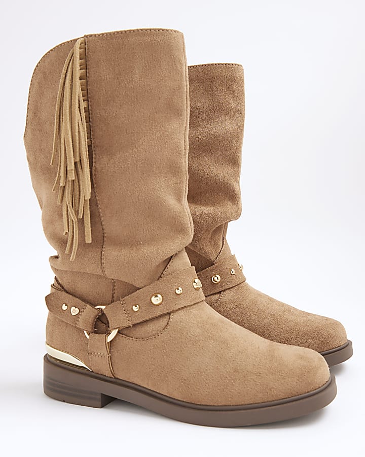 Girls Brown Slouch Tassel Boots