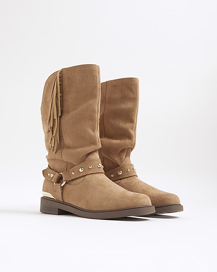 Girls Brown Slouch Tassel Boots