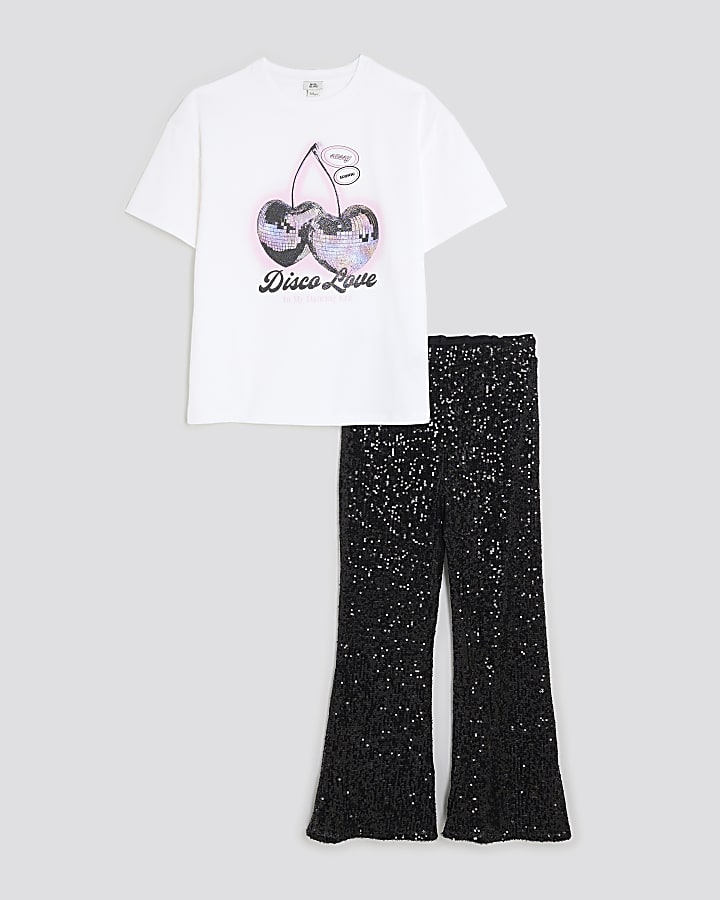 Girls Black Sequin Trousers Set