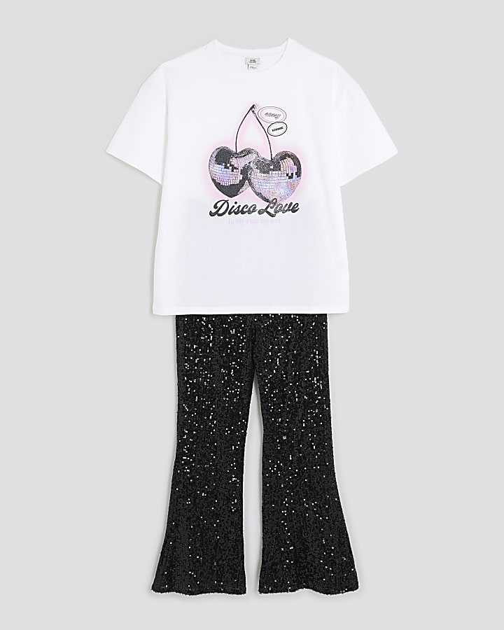 Girls Black Sequin Trousers Set