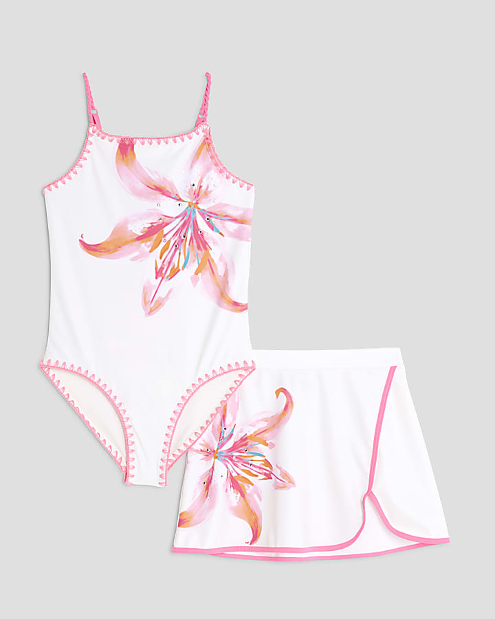 Girls Cream Orchid Swimsuit Set