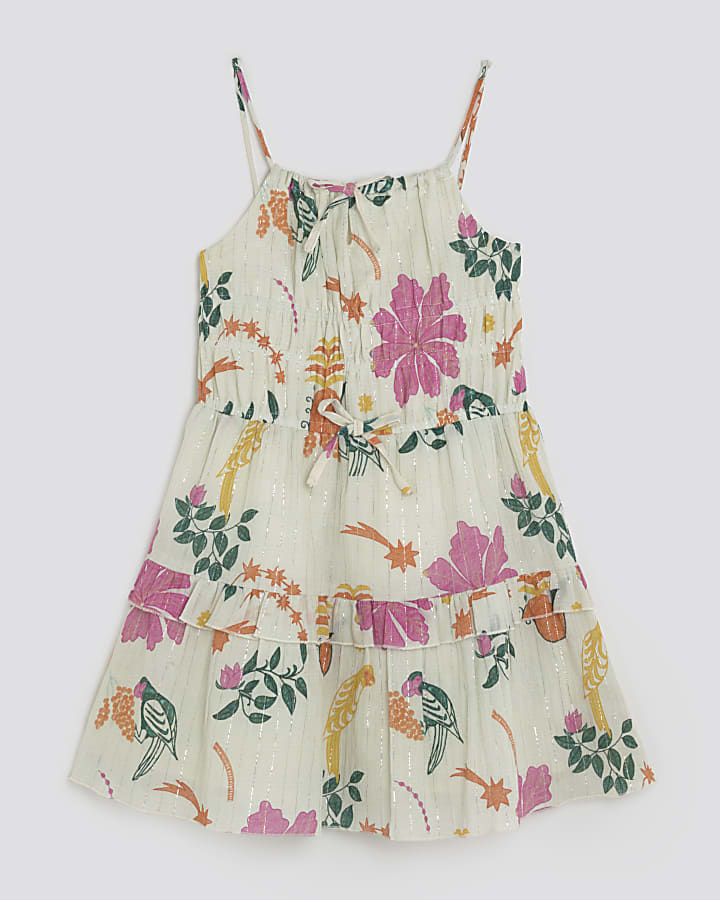 Girls White Floral Stripe Mini Dress