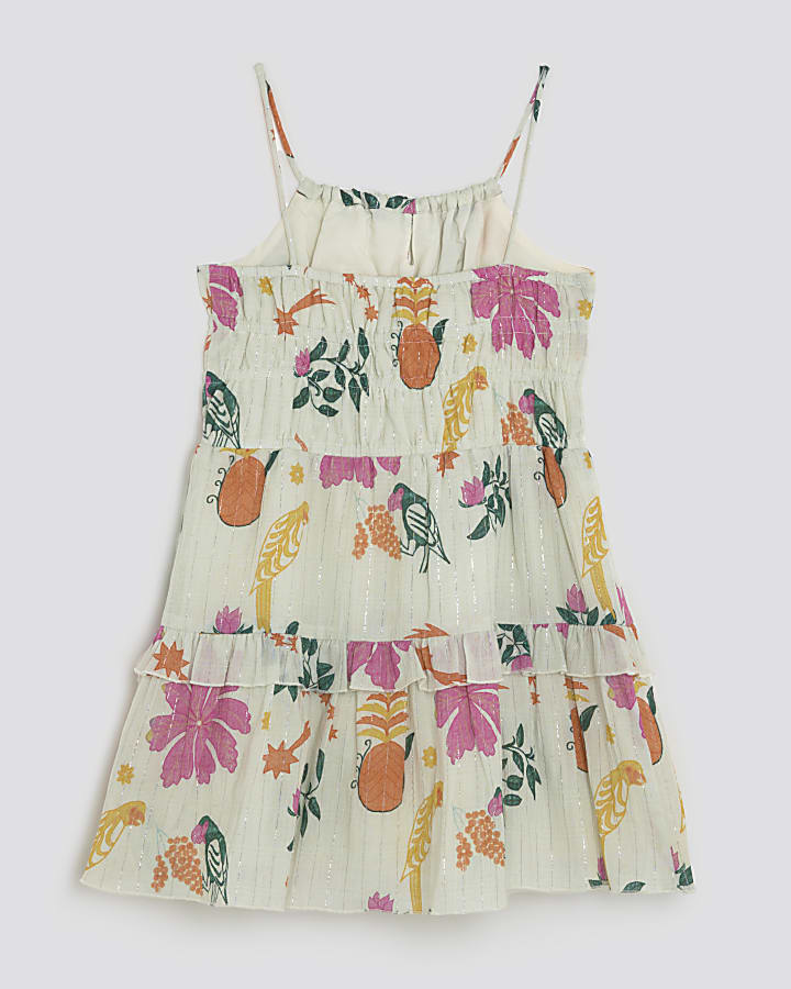 Girls White Floral Stripe Mini Dress