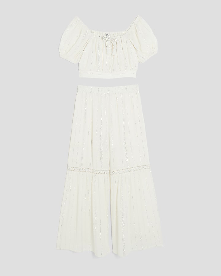 Girls Cream Lurex Trousers Set
