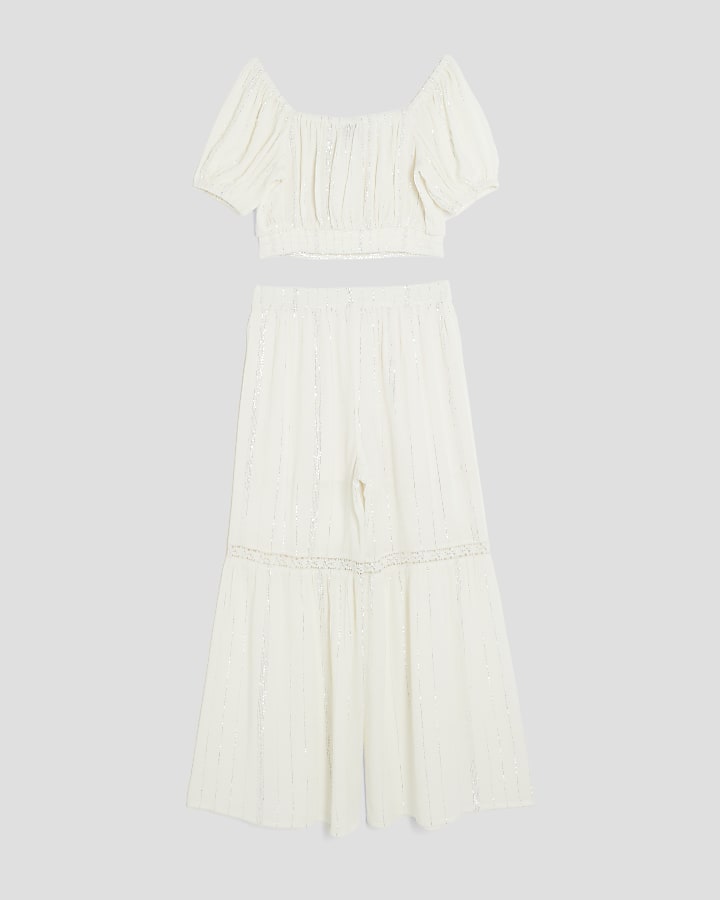 Girls Cream Lurex Trousers Set