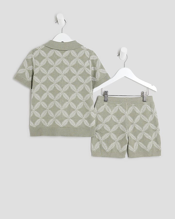 Mini Boys Khaki Geometric Polo Shorts Set