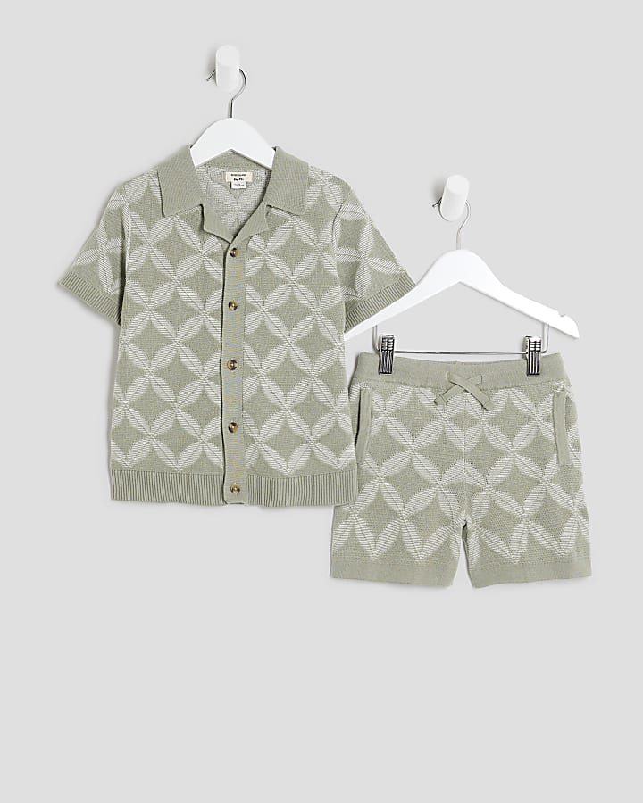 Mini Boys Khaki Geometric Polo Shorts Set