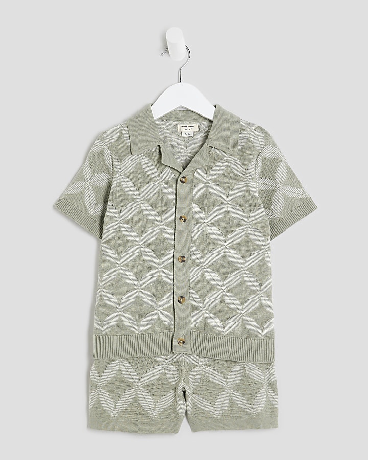 Mini Boys Khaki Geometric Polo Shorts Set
