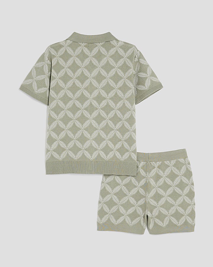 Boys Khaki Geometric Revere Polo Short Set