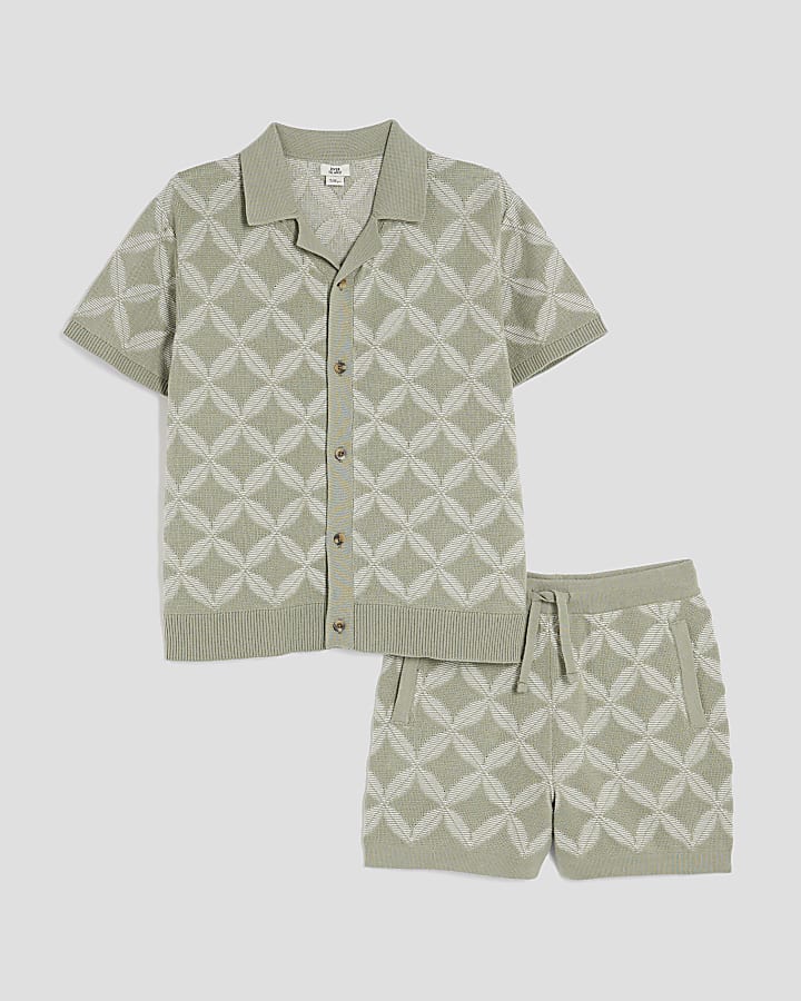 Boys Khaki Geometric Revere Polo Short Set