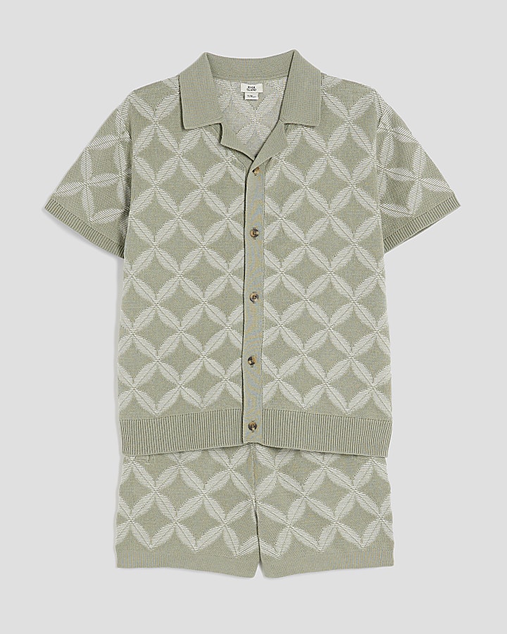 Boys Khaki Geometric Revere Polo Short Set