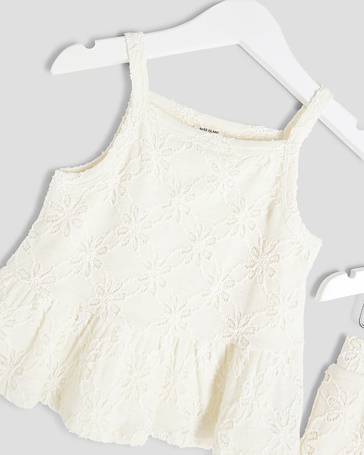 Mini Girls Cream Lace Peplum Shorts Set