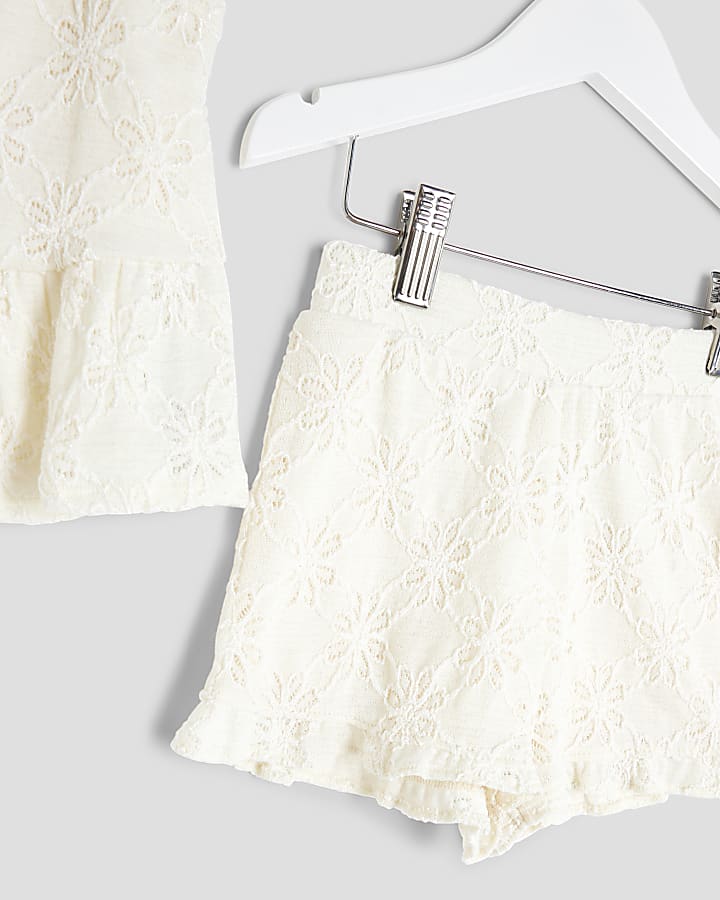 Mini Girls Cream Lace Peplum Shorts Set