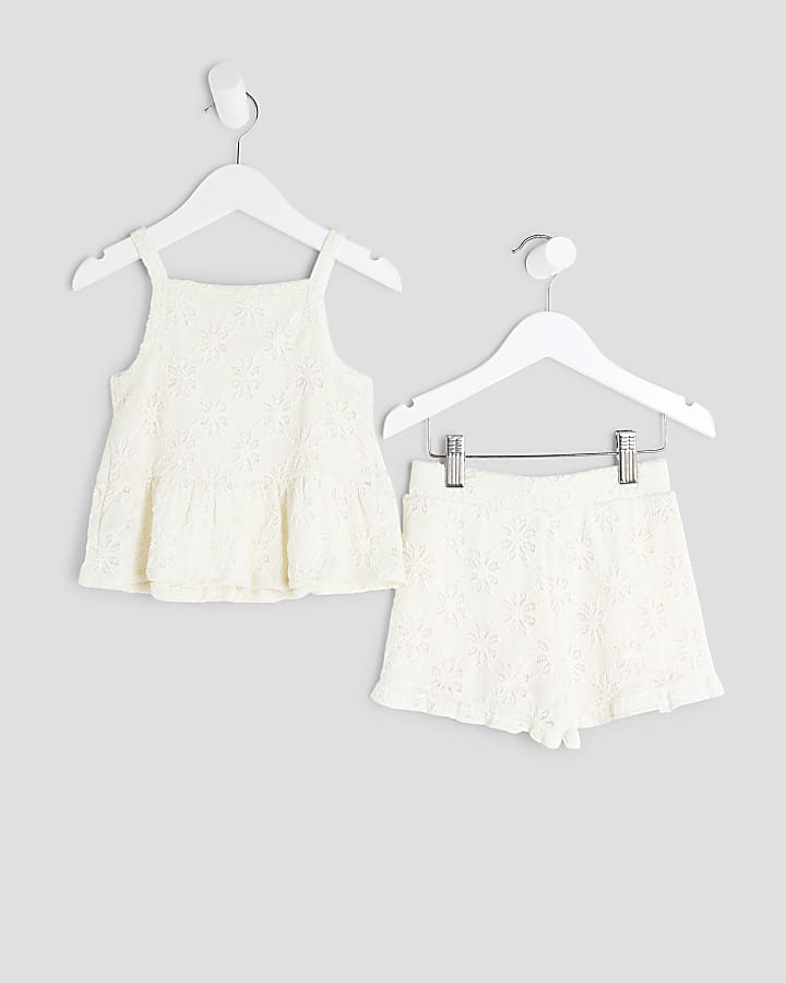 Mini Girls Cream Lace Peplum Shorts Set