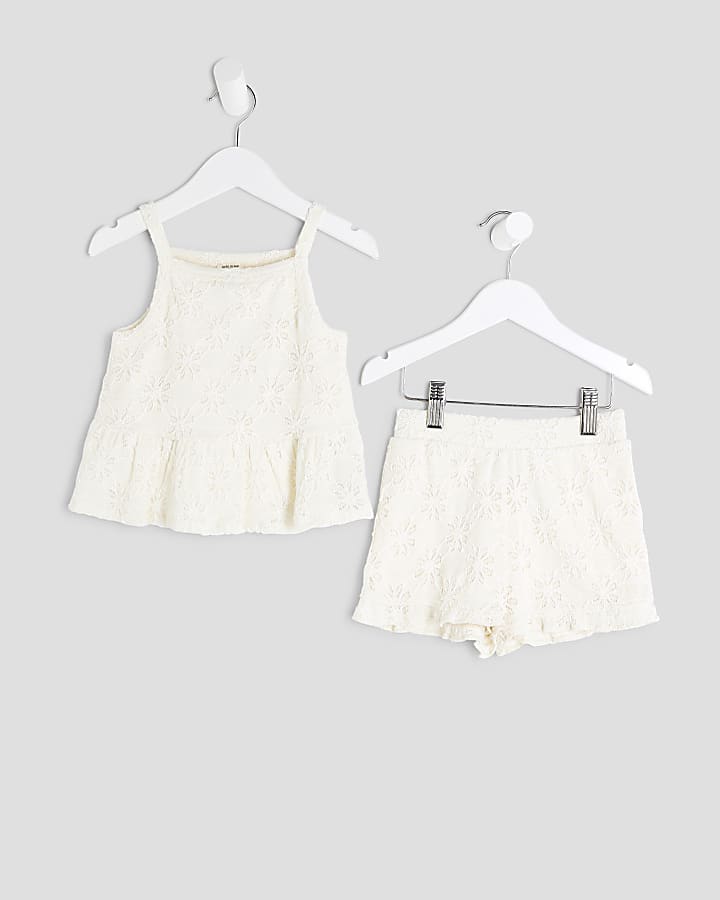 Mini Girls Cream Lace Peplum Shorts Set