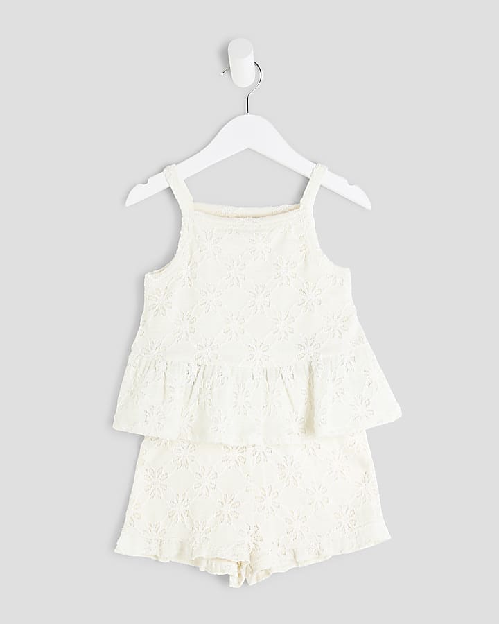 Mini Girls Cream Lace Peplum Shorts Set