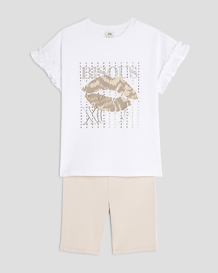 Girls White Embellished Lips Cycle Shorts Set