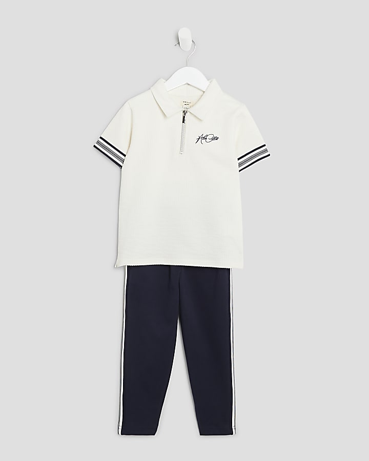 Mini Boys White Polo Shirt And Joggers Set