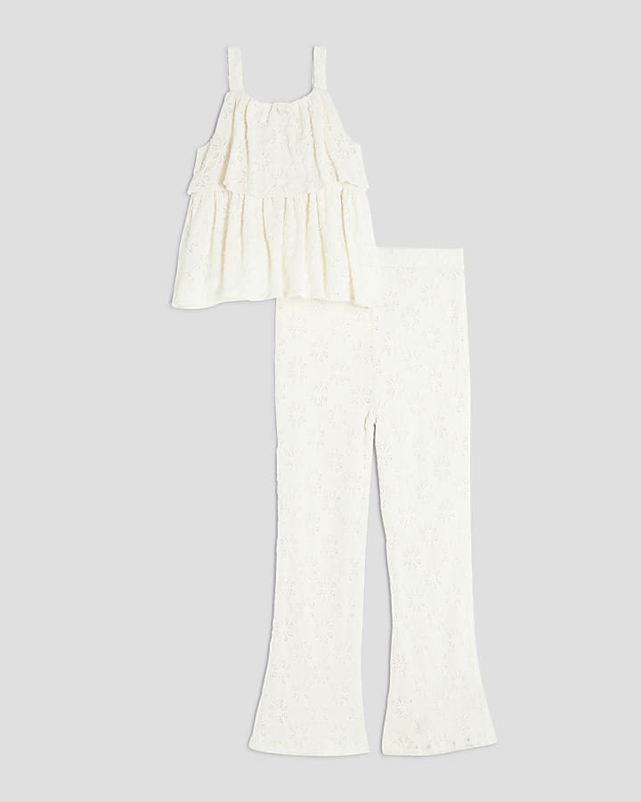 Girls Cream Lace  Kickflare Trousers Set