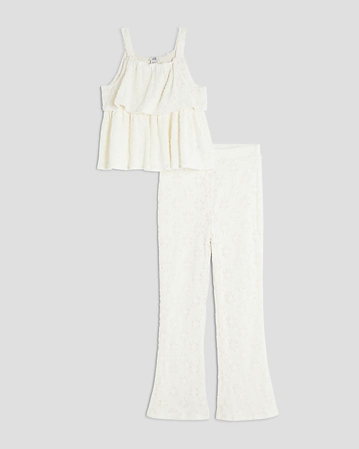 Girls Cream Lace  Kickflare Trousers Set