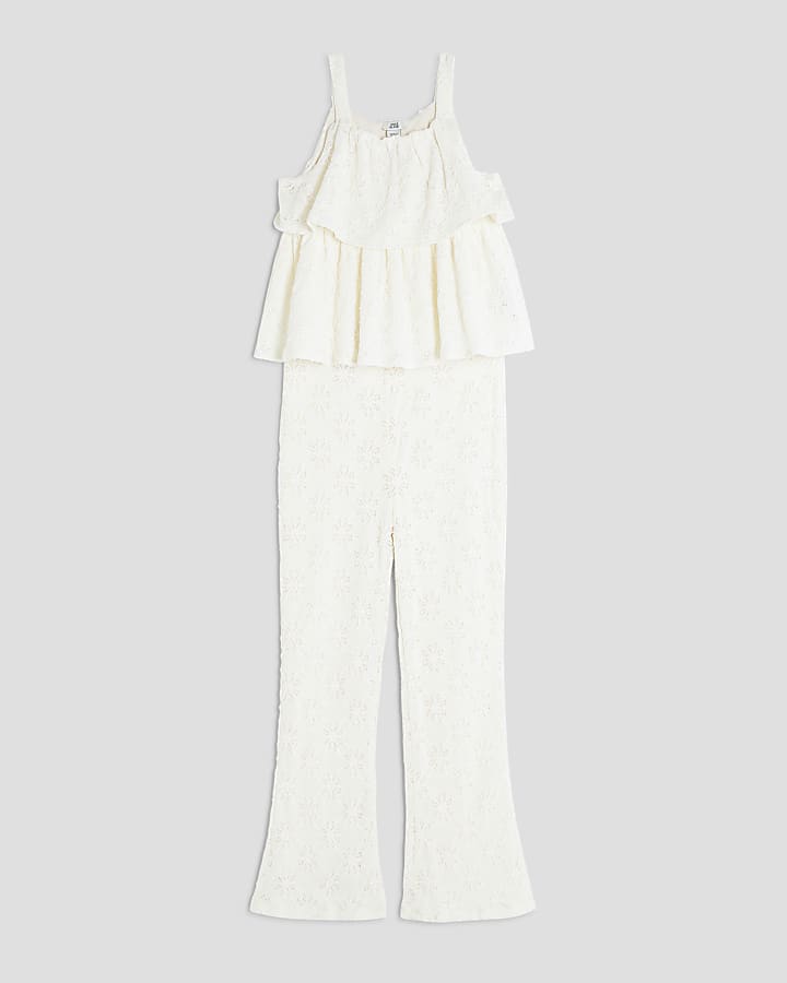 Girls Cream Lace  Kickflare Trousers Set