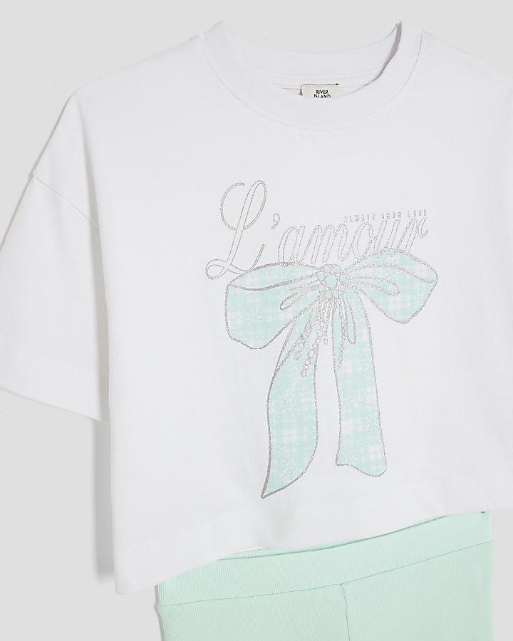 Girls Blue Gingham Bow T-Shirt Set