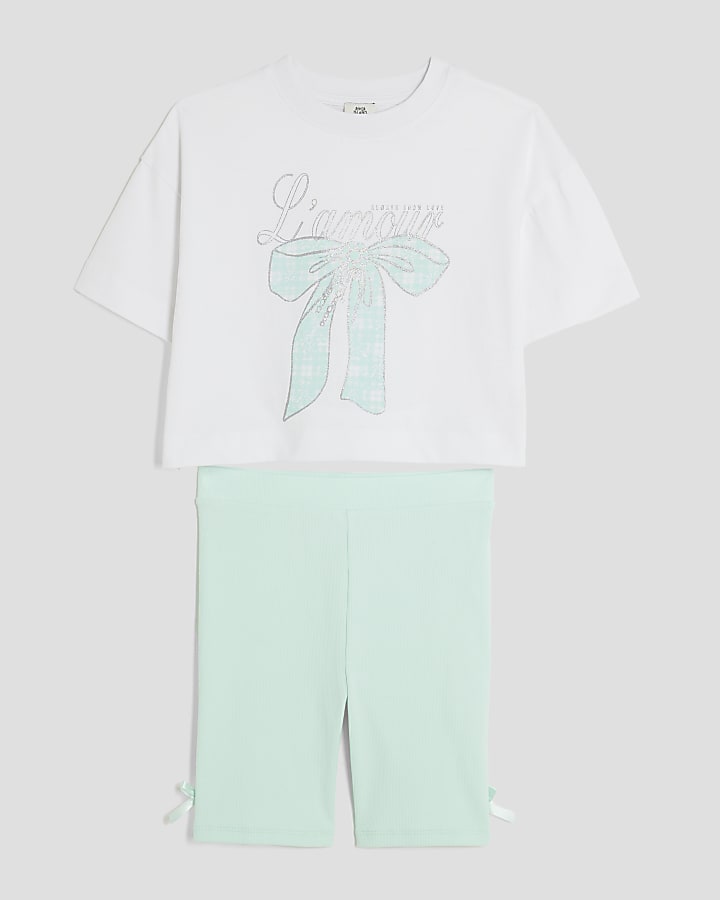 Girls Blue Gingham Bow T-Shirt Set