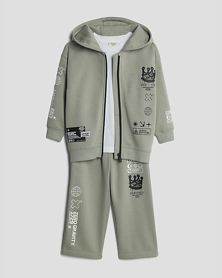 Mini Boys Khaki Crown Zip Through Hoodie Set