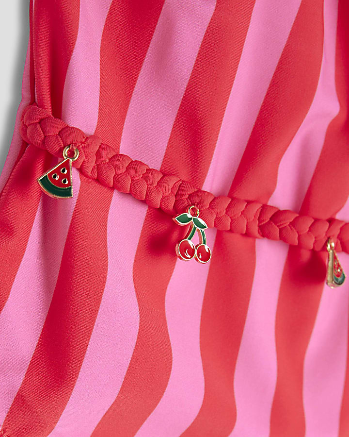 Mini Girls Pink Stripe Charm Belt Swimsuit