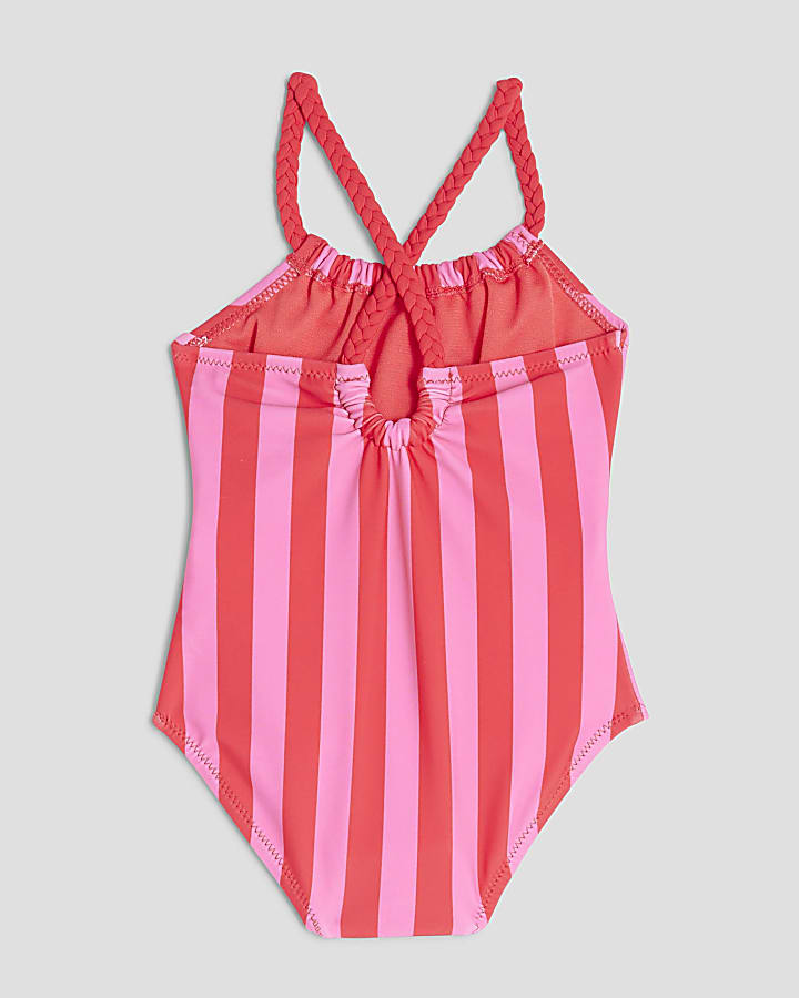 Mini Girls Pink Stripe Charm Belt Swimsuit