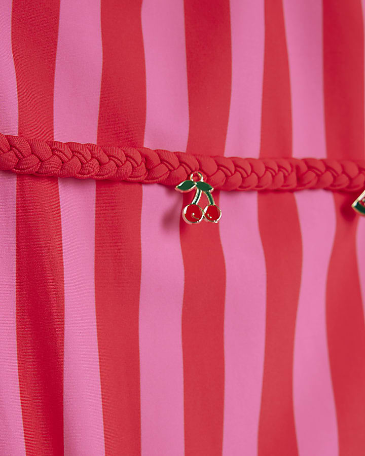 Girls Pink Stripe Charm Belt Swimsuit