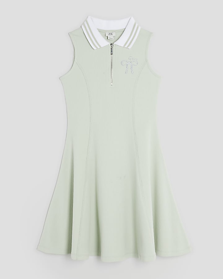 Girls Green Sleeveless Bow Collar Dress