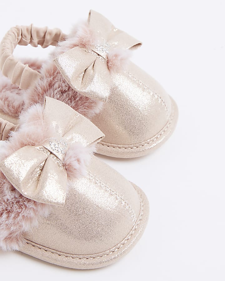 Baby Girls Pink faux Fur Bow Slippers