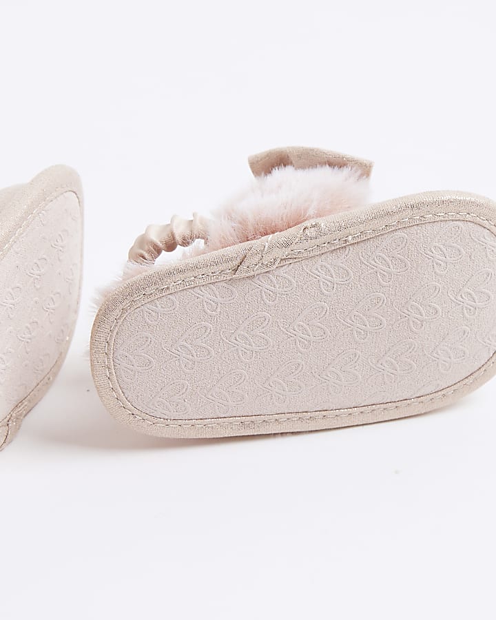 Baby Girls Pink faux Fur Bow Slippers