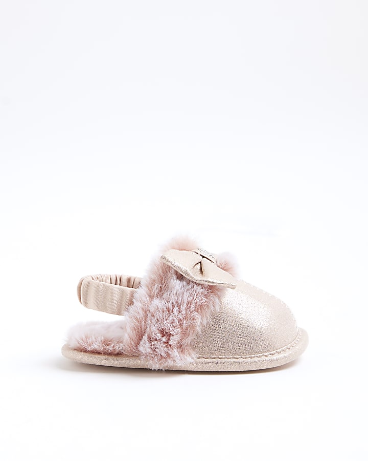 Baby Girls Pink faux Fur Bow Slippers