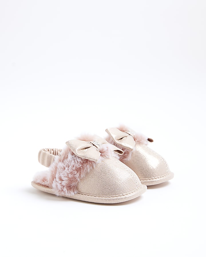 Baby Girls Pink faux Fur Bow Slippers