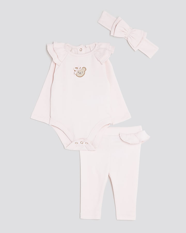 Baby Girls Pink Bear Bodysuit 3 Piece Set