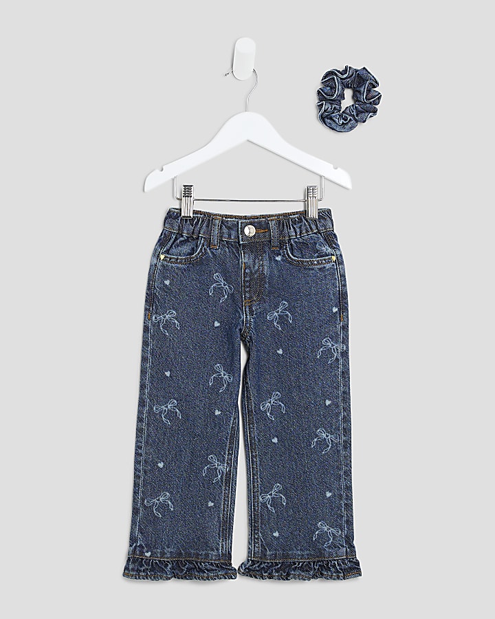 Mini Girls Laser Bow Jeans And Scrunchie Set