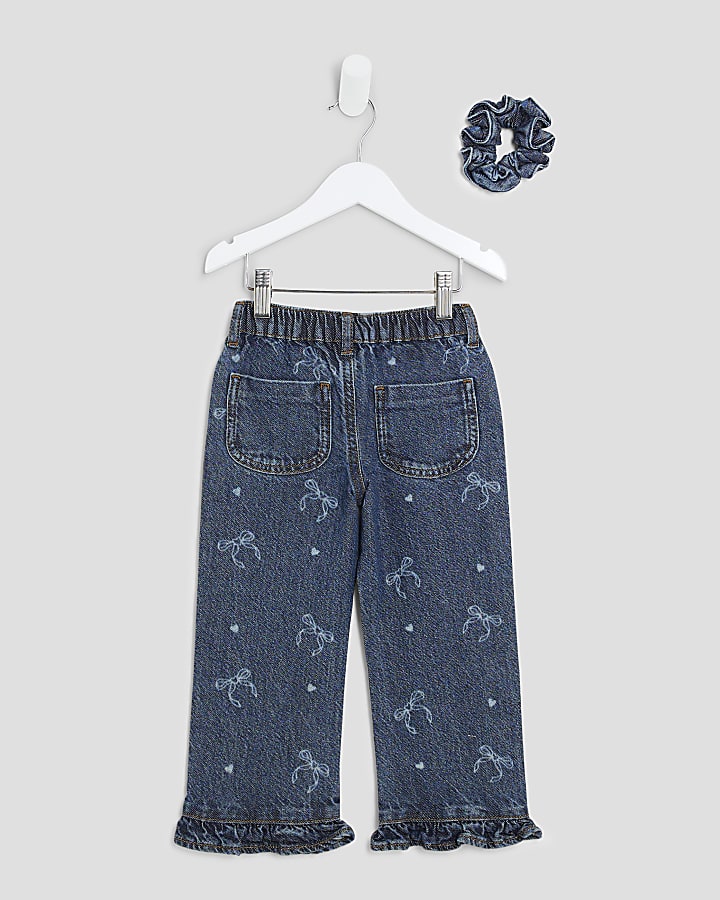Mini Girls Laser Bow Jeans And Scrunchie Set