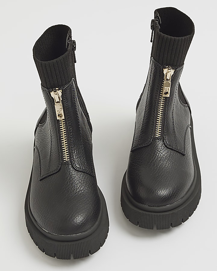 Girls Black Zip Front Boots