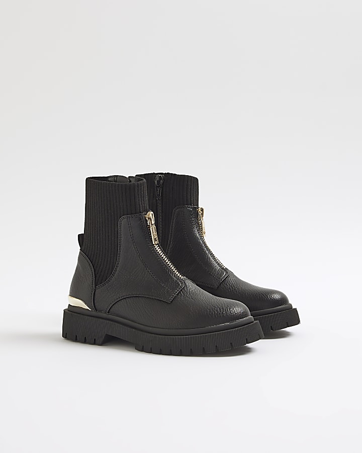 Girls Black Zip Front Boots